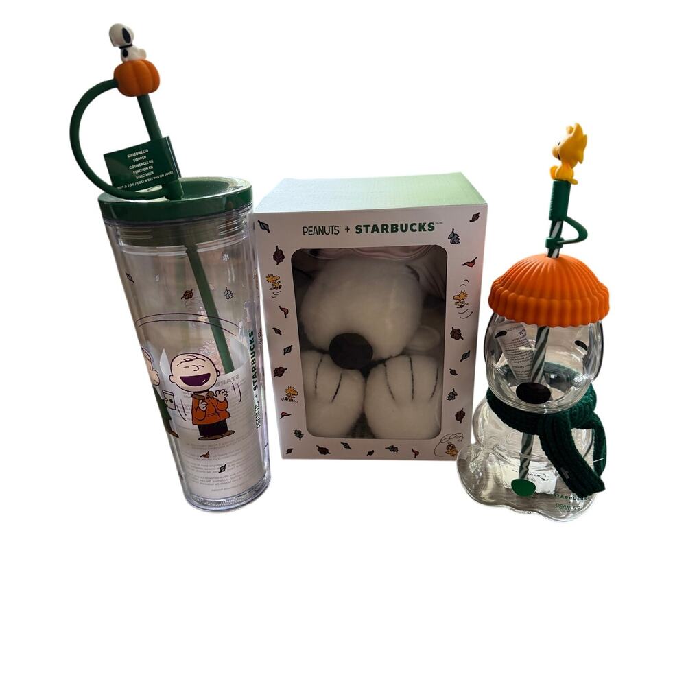 2026 Starbucks x Peanuts Snoopy Cold Cups Plush Charlie Brown 3 Pc Set NEW